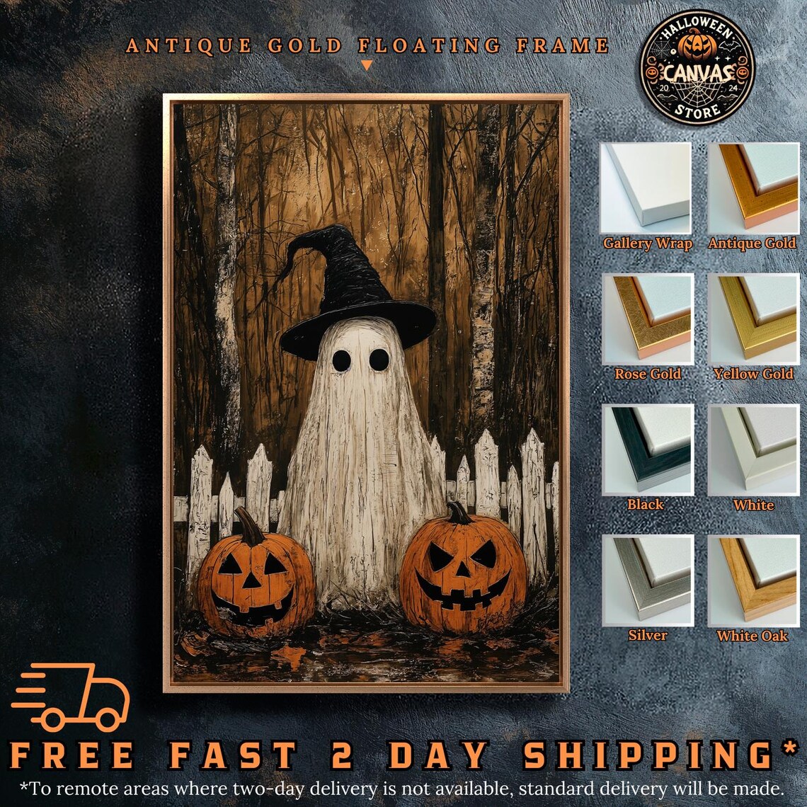 Spooky Ghost and Pumpkins, Vintage Autumn Forest Poster - Image 2