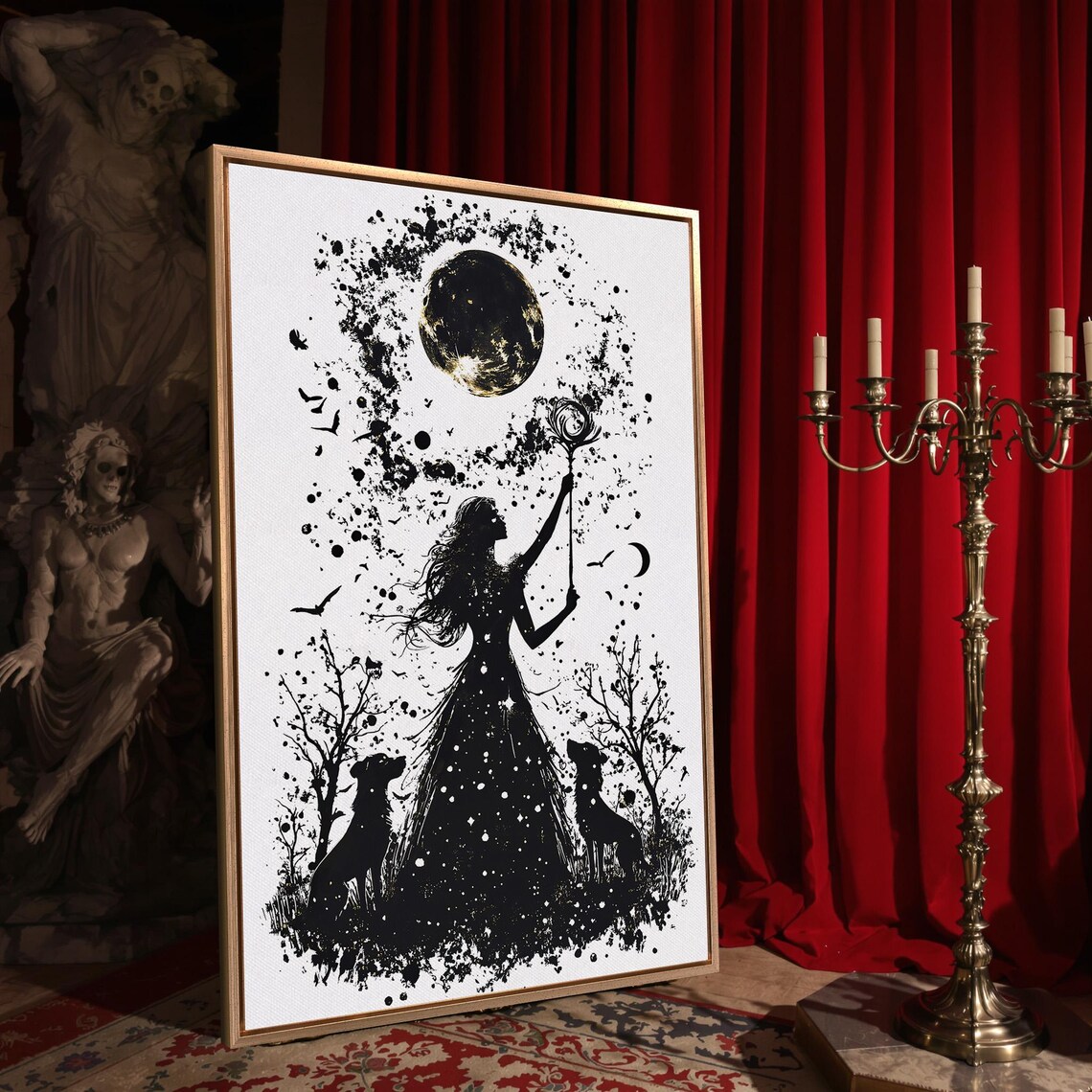Black And White Witch Silhouette With Dogs Reaching For Full Moon Poster - Image 4