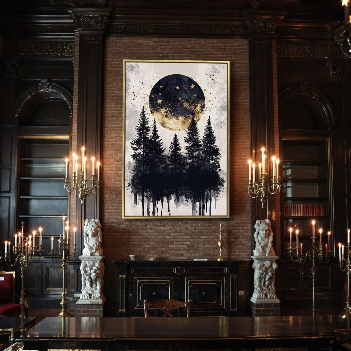 Black and Gold Moon Above Pine Trees Minimalist Wall Art Poster - Image 2