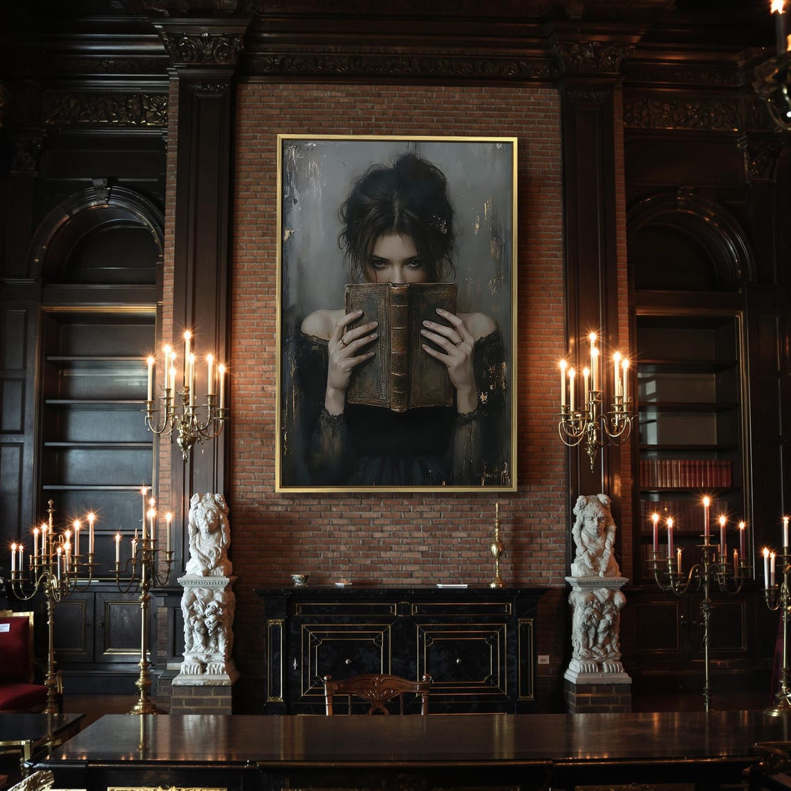 Dark Gothic Woman Holding Old Book Moody Portrait Art Poster - Image 2