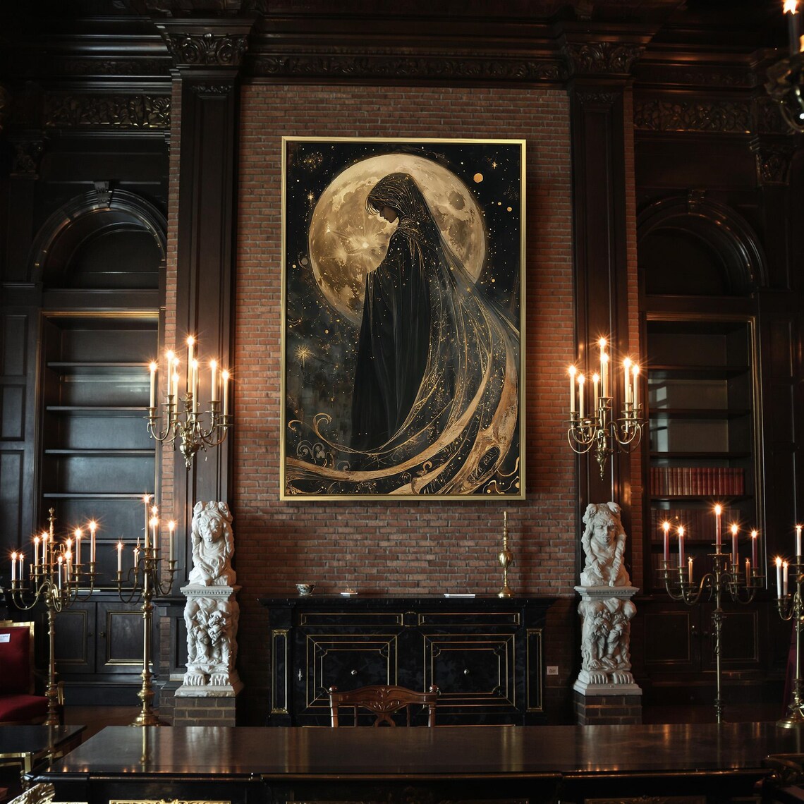 Mystical Veiled Woman Full Moon Silhouette Starry Night Gothic Celestial Poster - Image 2