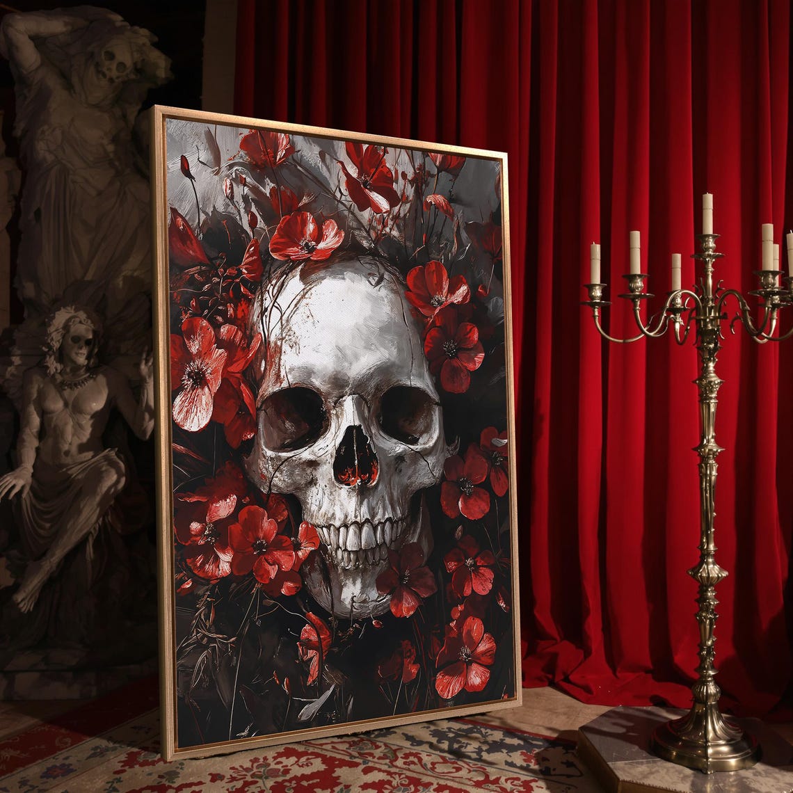 White Skull Surrounded by Red Poppies Dark Floral Macabre Poster - Image 4