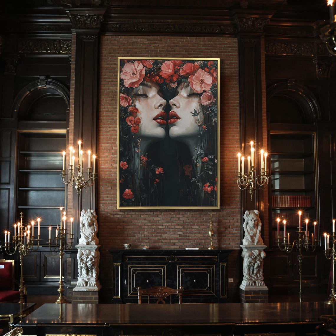 Mirrored Gothic Woman Faces With Red Lips And Pink Flowers Dark Poster - Image 2
