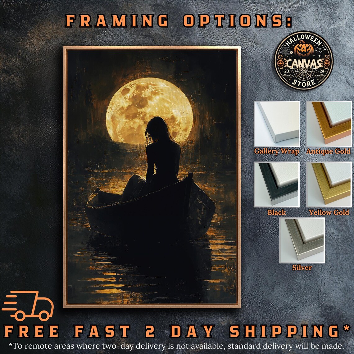 Woman In Boat Under Golden Full Moon Night Water Reflection Poster - Image 5