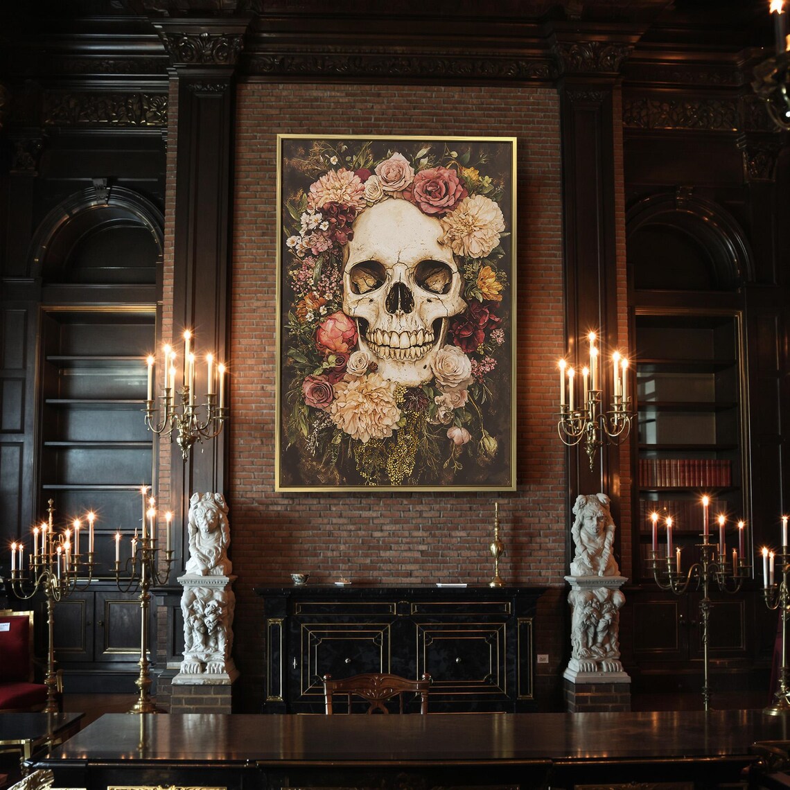Floral Skull Still Life Blush Roses Dark Academia Gothic Botanical Wall Art - Image 2