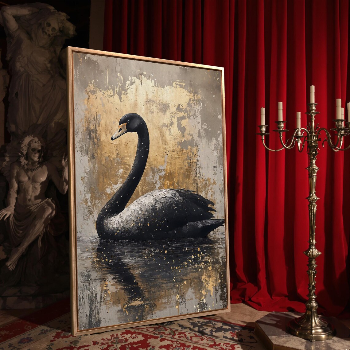 Elegant Black Swan On Dark Water With Golden Abstract Background Poster - Image 4
