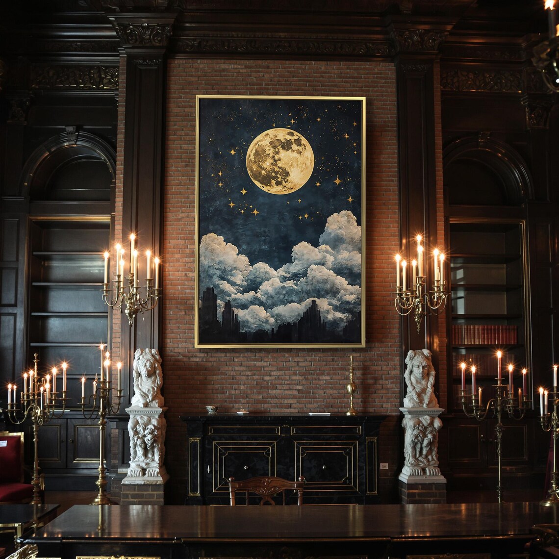 Full Golden Moon Over Clouds Dark City Silhouette Starry Night Urban Wall Poster - Image 2