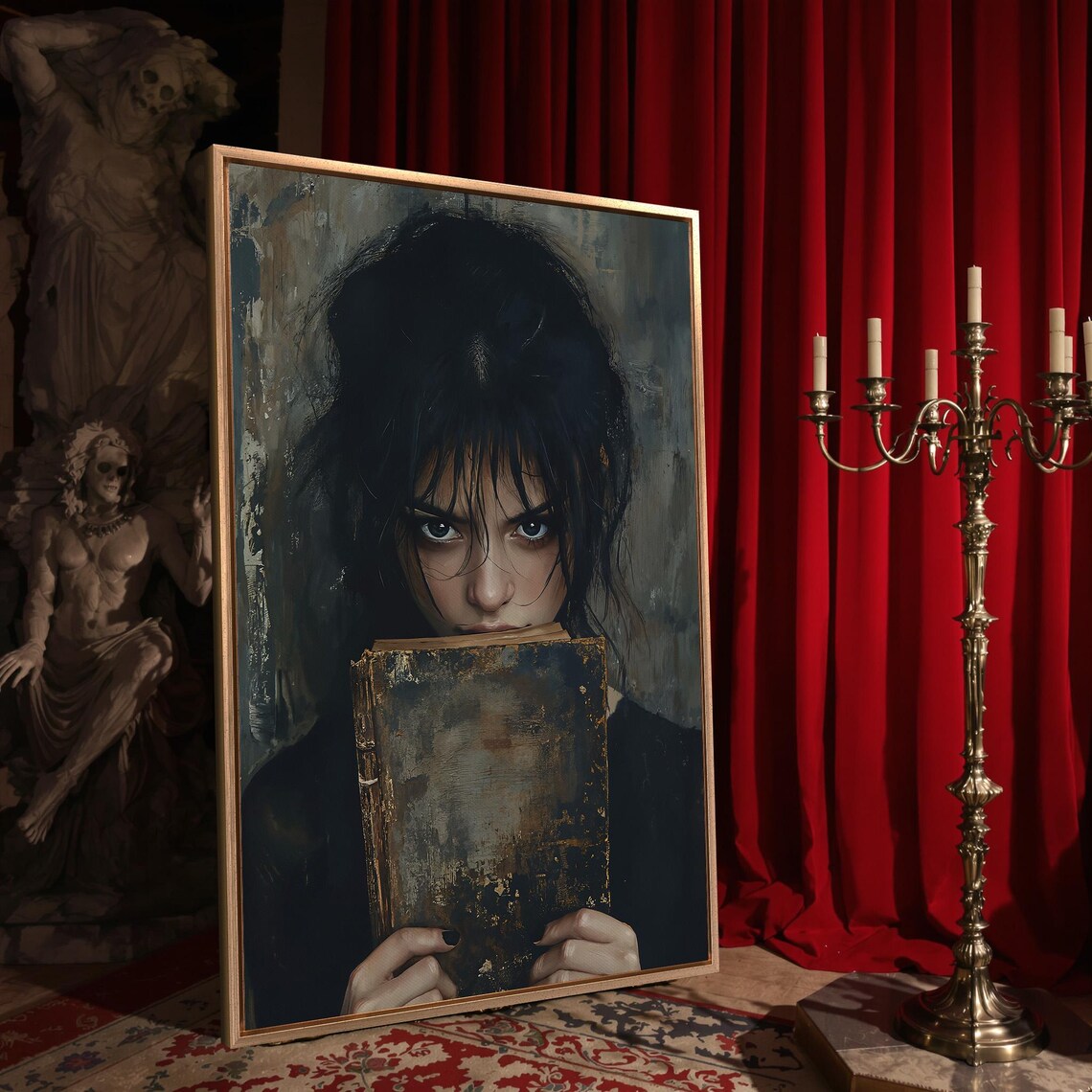 Gloomy Girl Peeking Over Old Book Dark Moody Gothic Literature Portrait Poster - Image 4