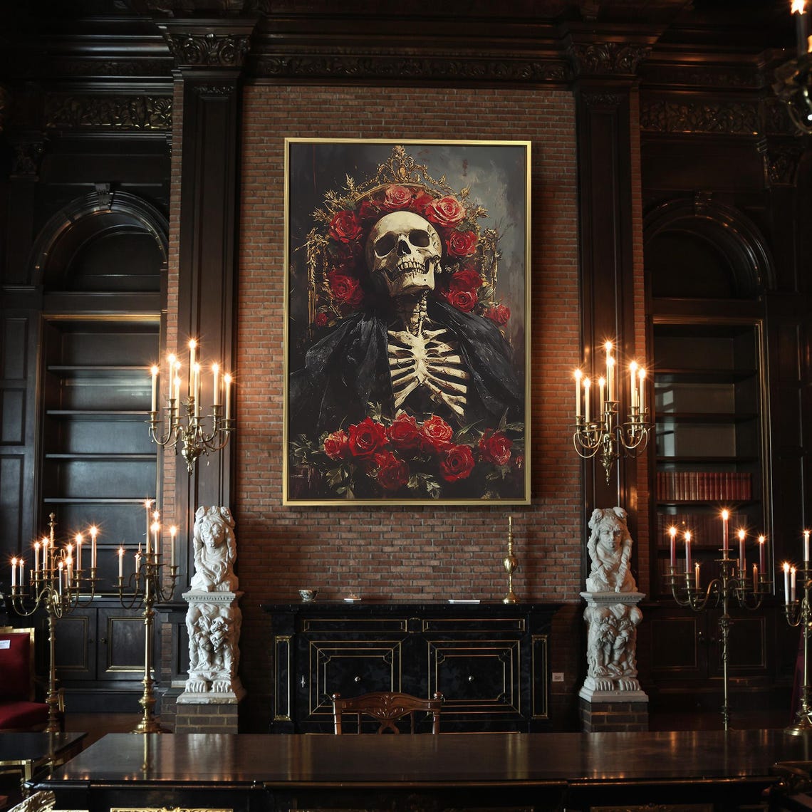 Royal Skeleton Crowned With Red Roses Dark Floral Painting Poster - Image 2