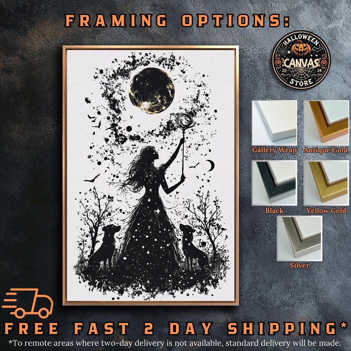 Black And White Witch Silhouette With Dogs Reaching For Full Moon Poster - Image 5