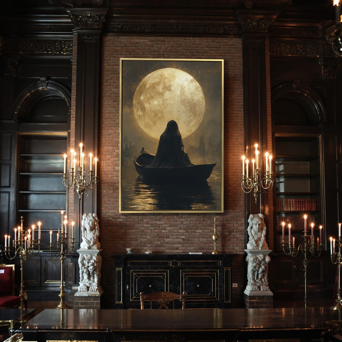Cloaked Figure In Boat Beneath Giant Golden Moon Mist Poster - Image 2