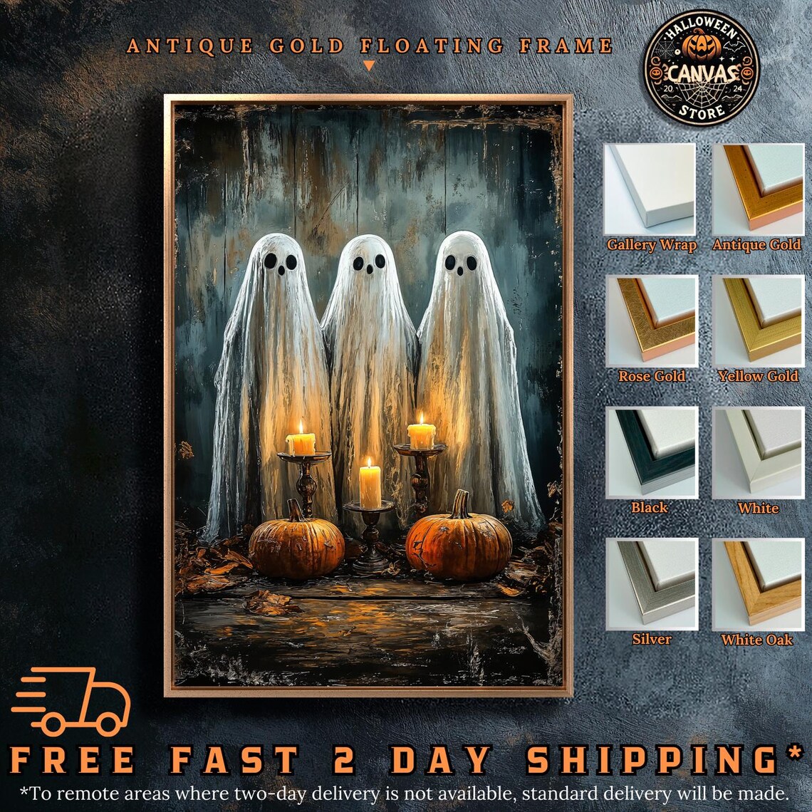 Spooky Ghosts With Candles and Pumpkins Gothic Art Print - Image 2
