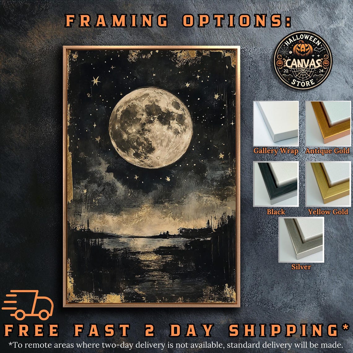 Full Moon Starry Night Sky Gold Stars Dark Night Landscape Poster - Image 5