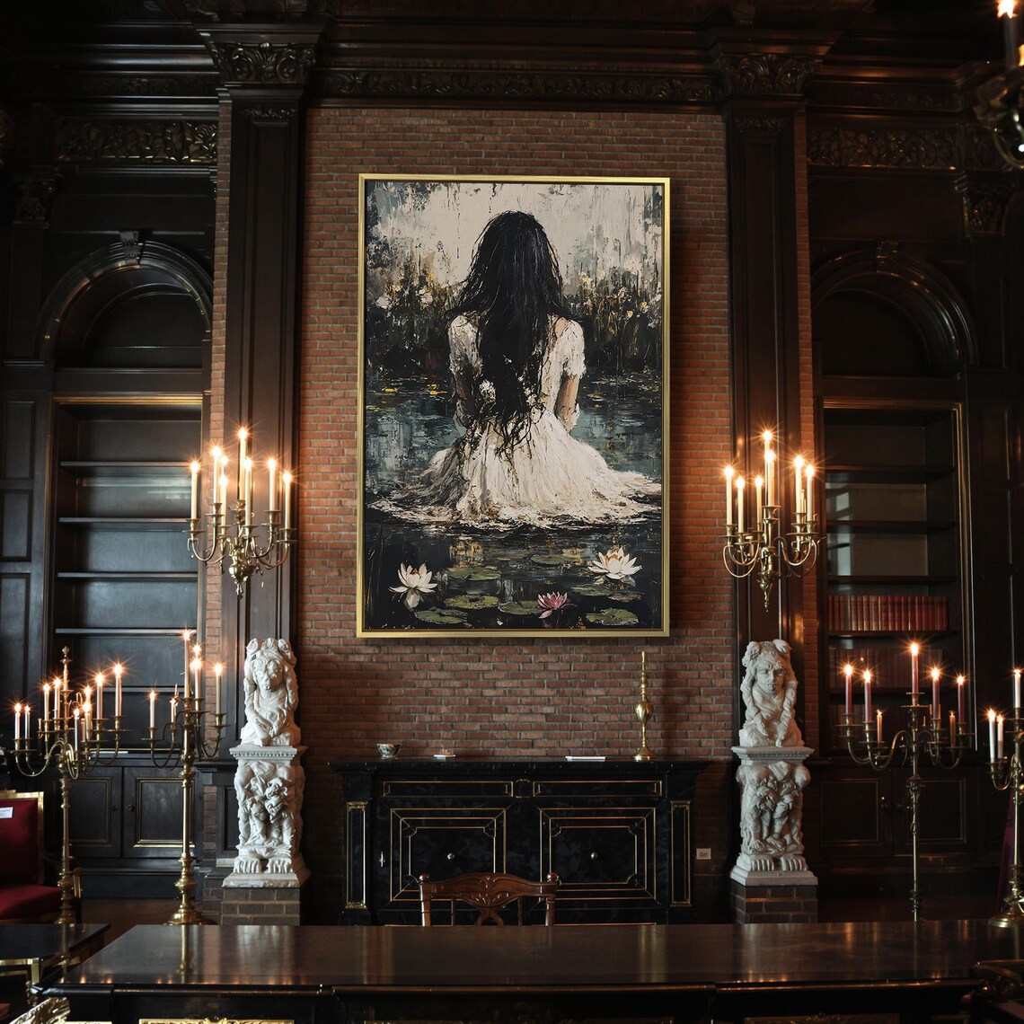 Woman Water Lilies Dark Pond White Dress Moody Painterly Gothic Wall Art - Image 2