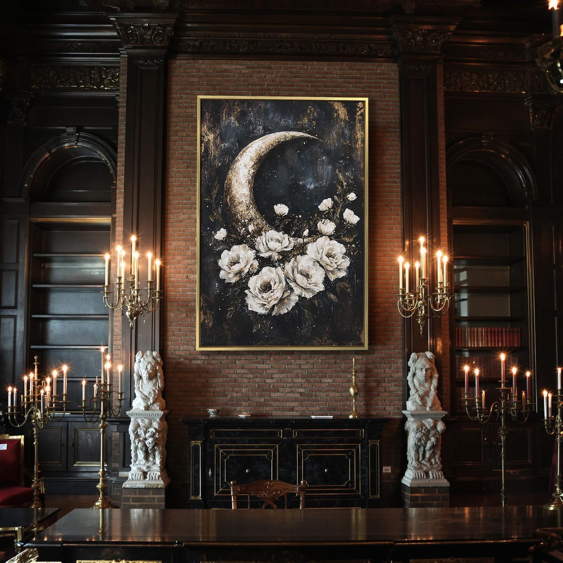Crescent Moon White Roses Starry Night Celestial Gothic Art Poster - Image 2