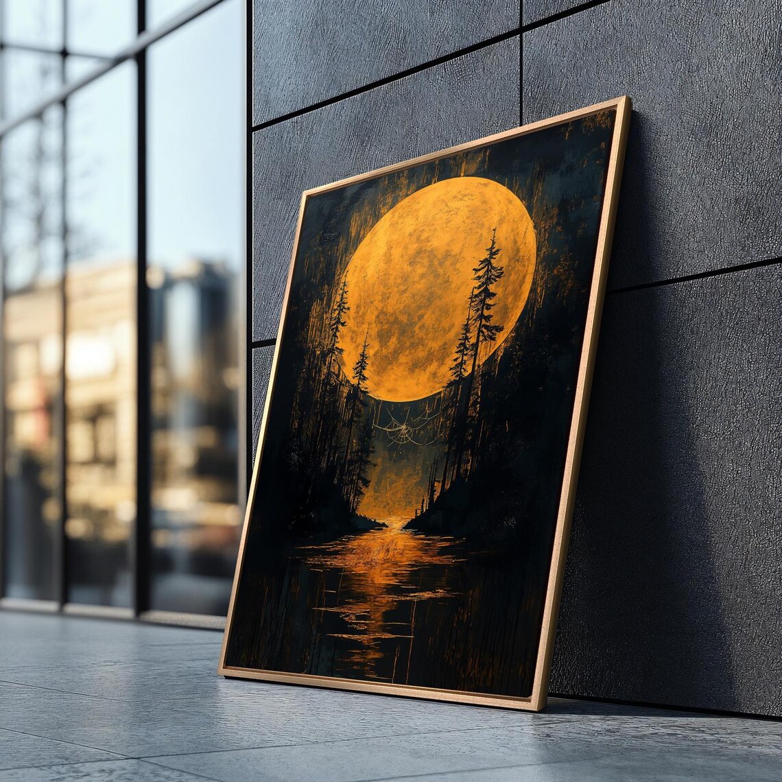 Harvest Moon Over Dark Forest River Orange Night Spooky Halloween Wall Poster - Image 3