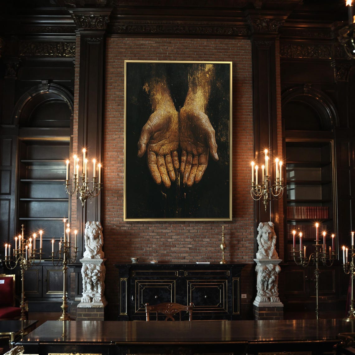 Realistic Golden Hands Palms Up Dark Moody Expressive Fine Art Poster - Image 2