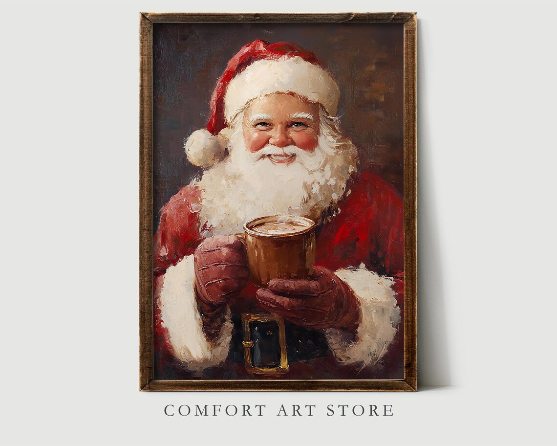 Santa Claus Holding Hot Cocoa Vintage Oil Painting Cozy Holiday Poster - Image 7