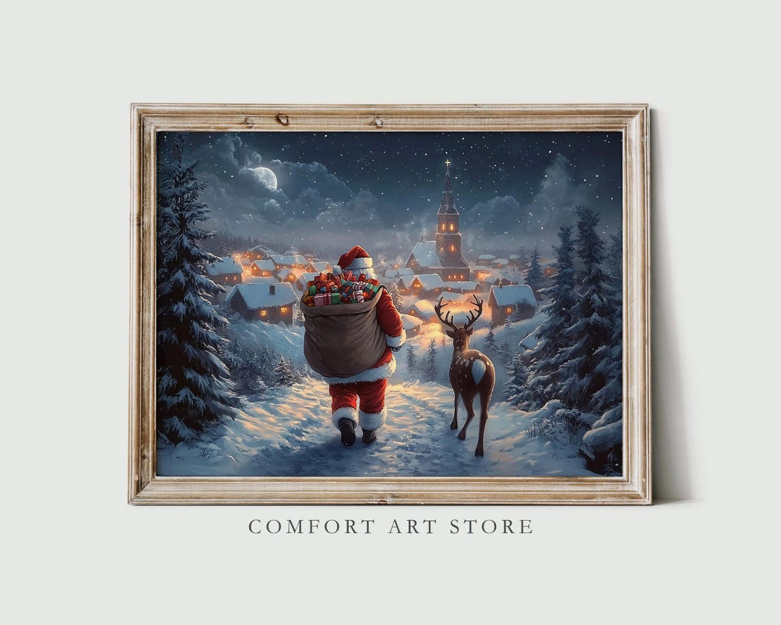 Santa Claus and Reindeer Walking to a Snowy Village Night Poster