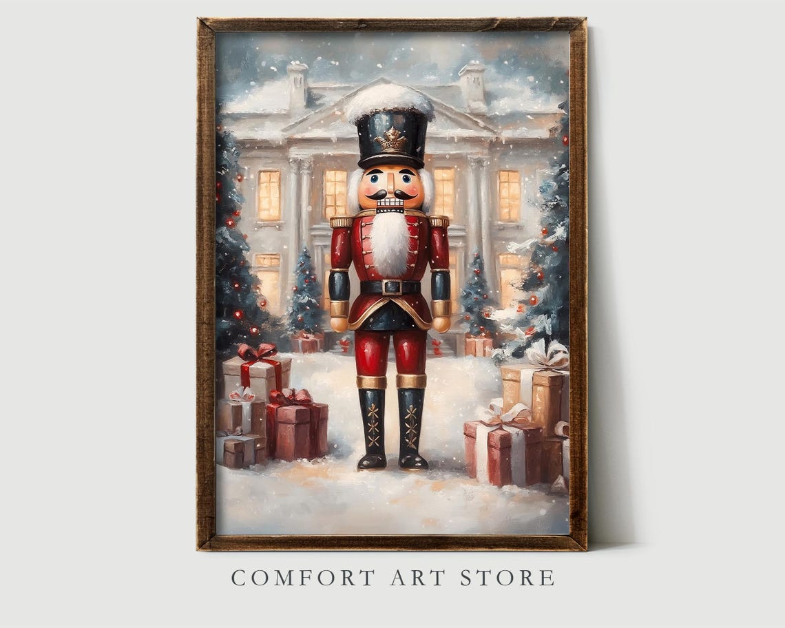 Classic Red Nutcracker Soldier in Snowy Mansion Holiday Scene Poster - Image 2