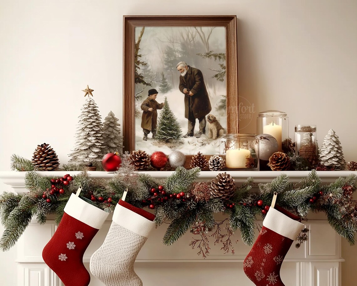 Vintage Grandfather and Boy Choosing Christmas Tree in Snow Poster - Image 4