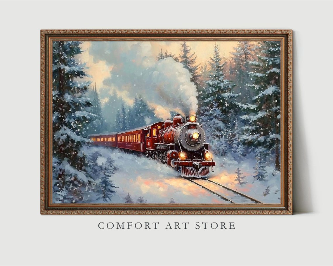 Red Steam Train Chugging Through Snowy Winter Evergreens Wall Art - Image 8