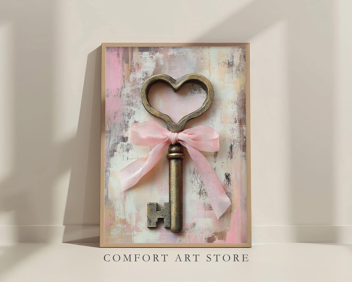 Heart Key with Pink Ribbon Bow Antique Love Valentine Poster