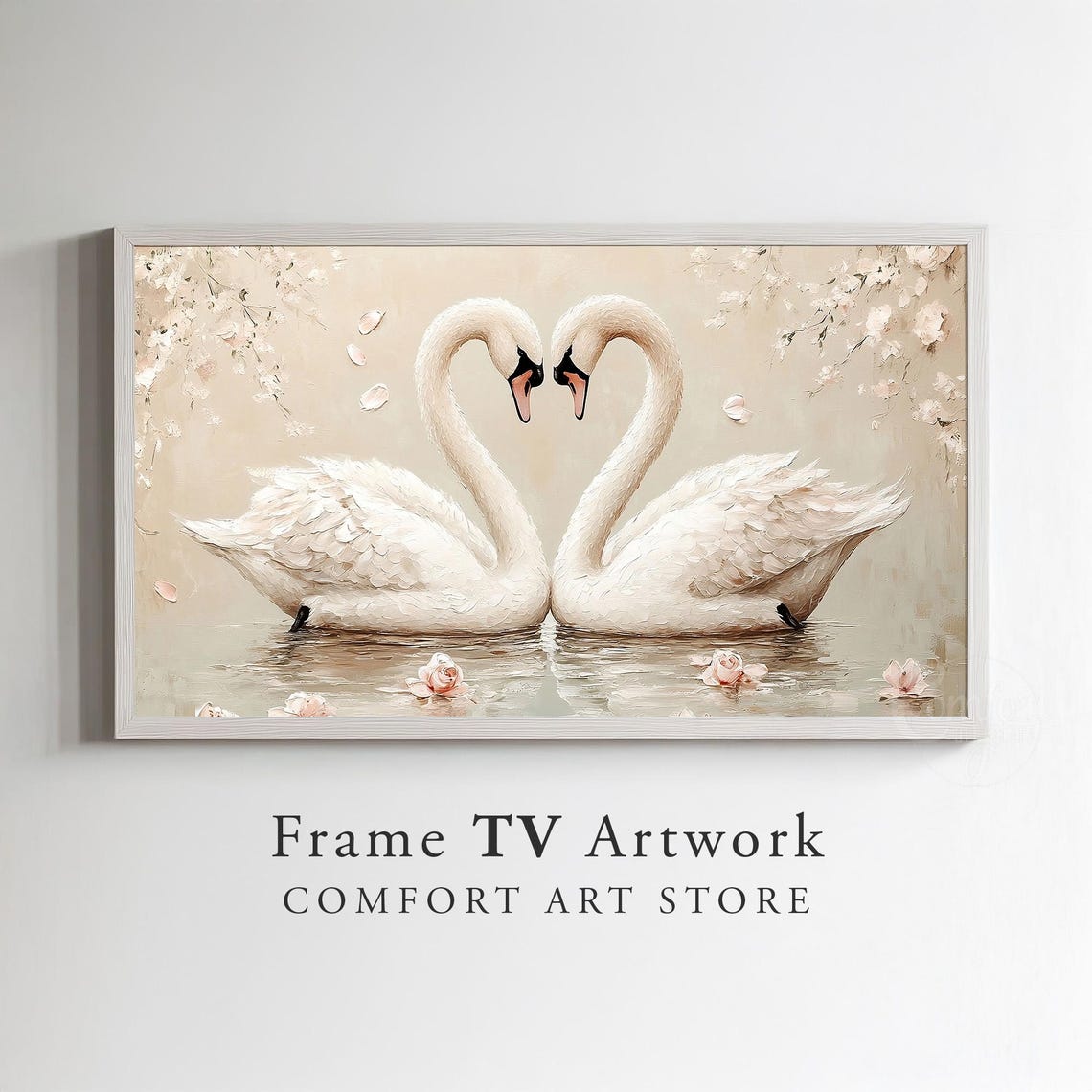 White Swans Necks Forming Heart Blossom Lake Romantic Art Poster - Image 4