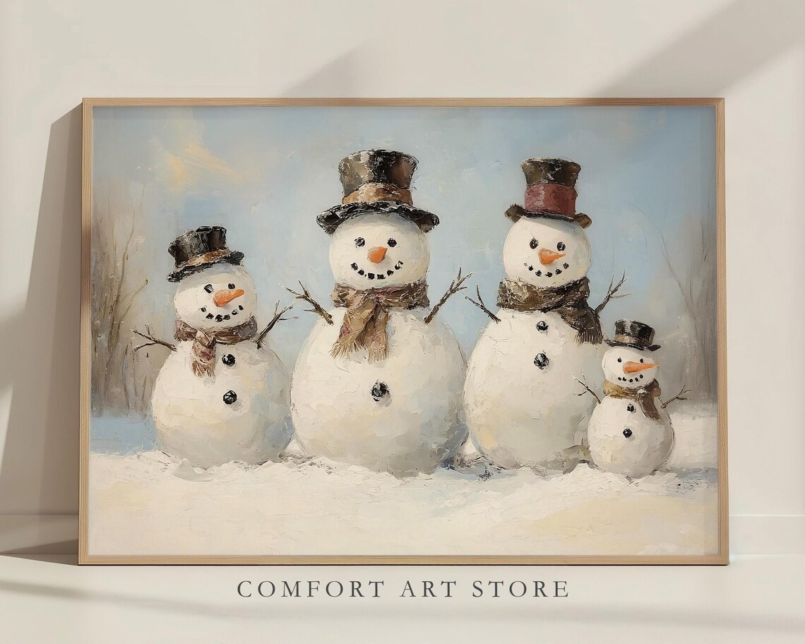 Cheerful Snowman Family with Top Hats and Scarves Winter Poster - Image 5