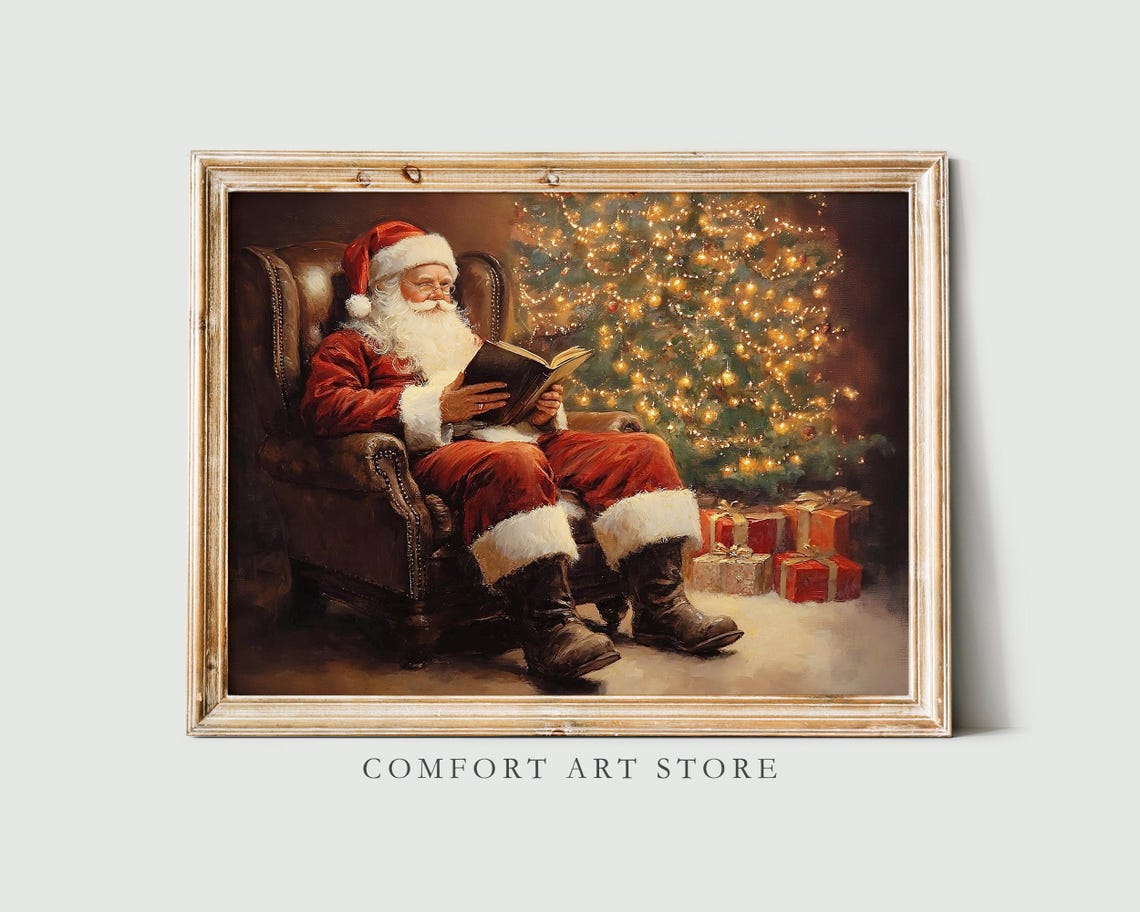 Jolly Santa Claus Reading a Book Beside Lit Christmas Tree Poster