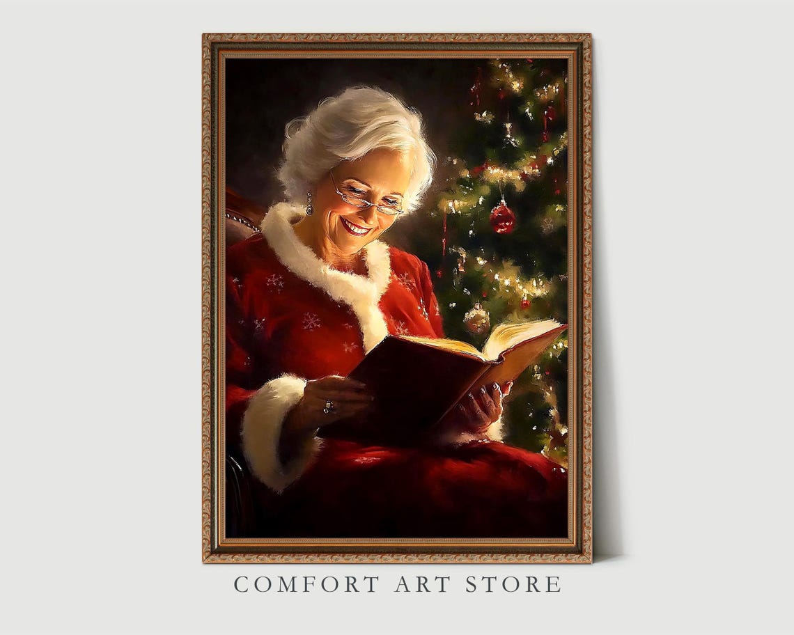 Mrs Claus Smiling Over Her Book by the Christmas Tree Wall Art - Image 3
