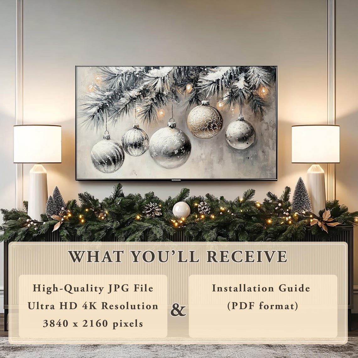 Silver Christmas Baubles on Frosty Pine Branches Neutral Poster - Image 4