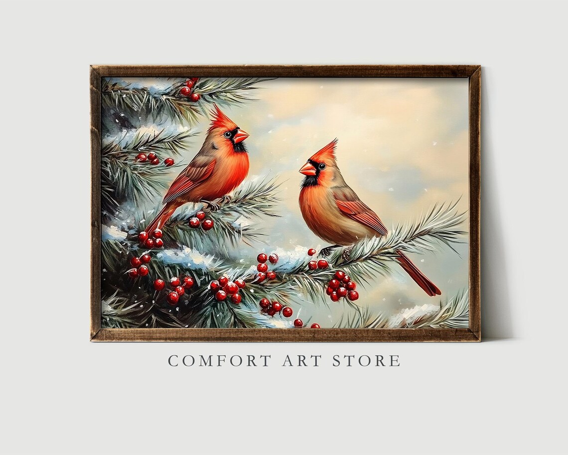 Pair of Red Cardinals on Snowy Pine Branch Winter Bird Wall Art - Image 4