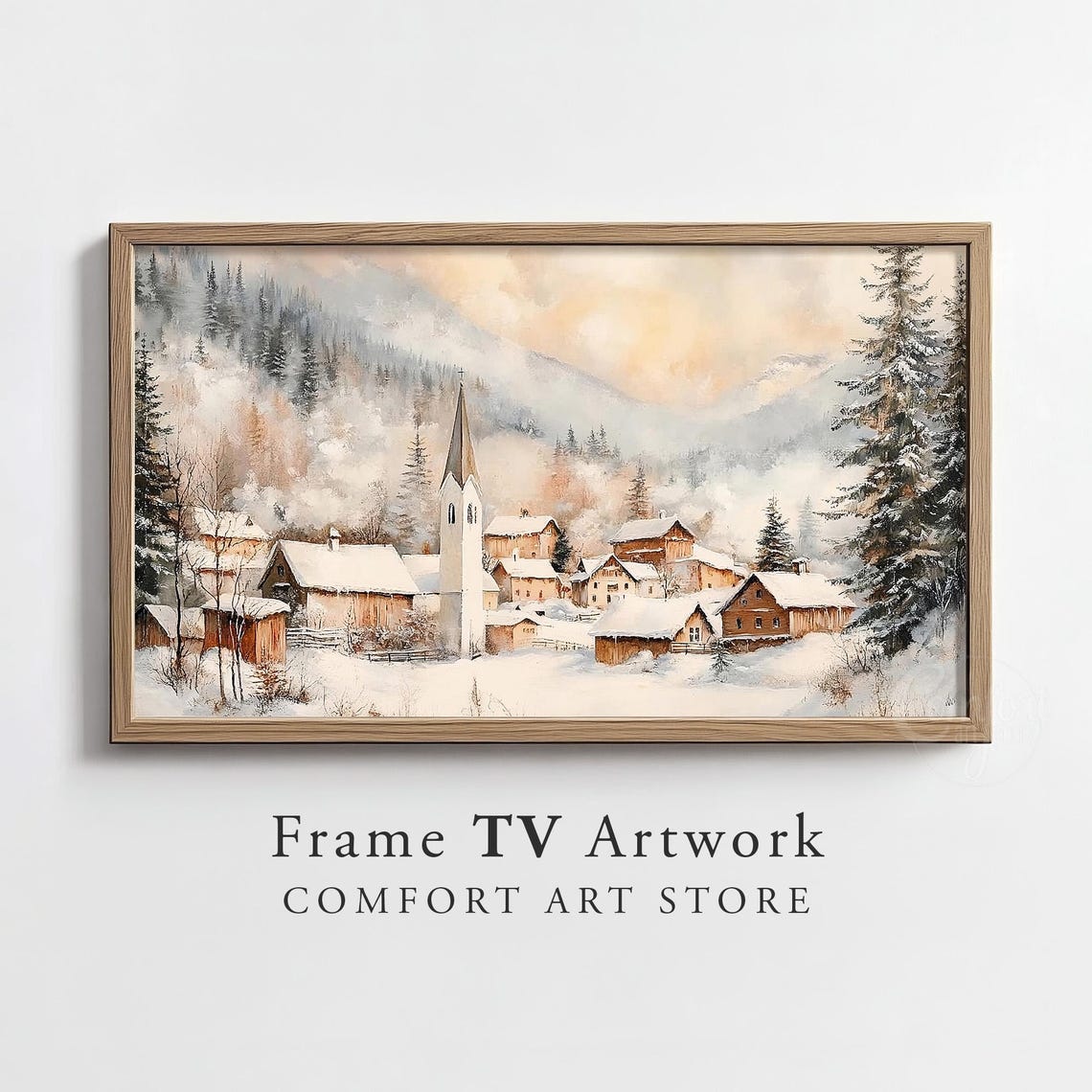 Frame Tv Art Snowy Alpine Village Vintage Christmas Antique Winter Scene Winter Landscape Painting Holiday Christmas Frame Tv Art