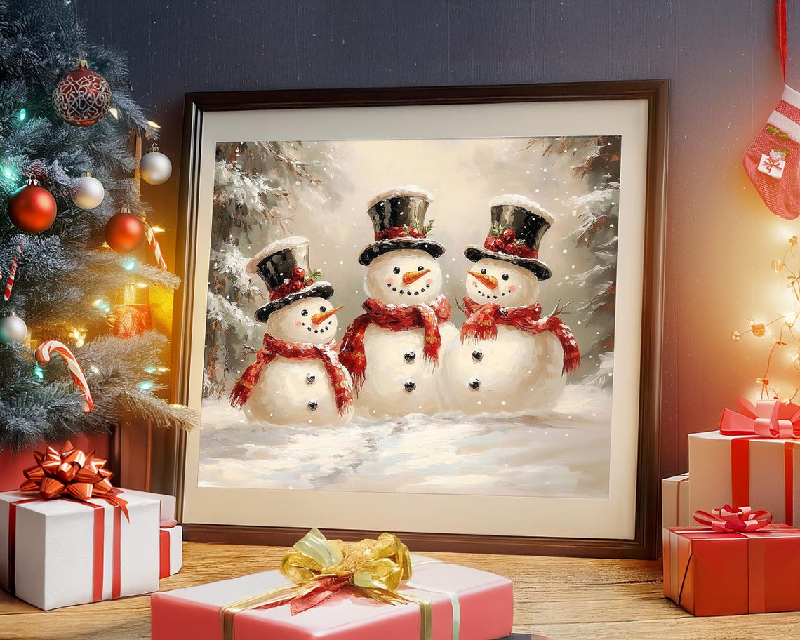 Vintage Christmas Snowman Print Christmas Wall Art Winter Holiday Antique Christmas Snowman Family Painting Snowman Wall Art Christmas Decor - Image 5