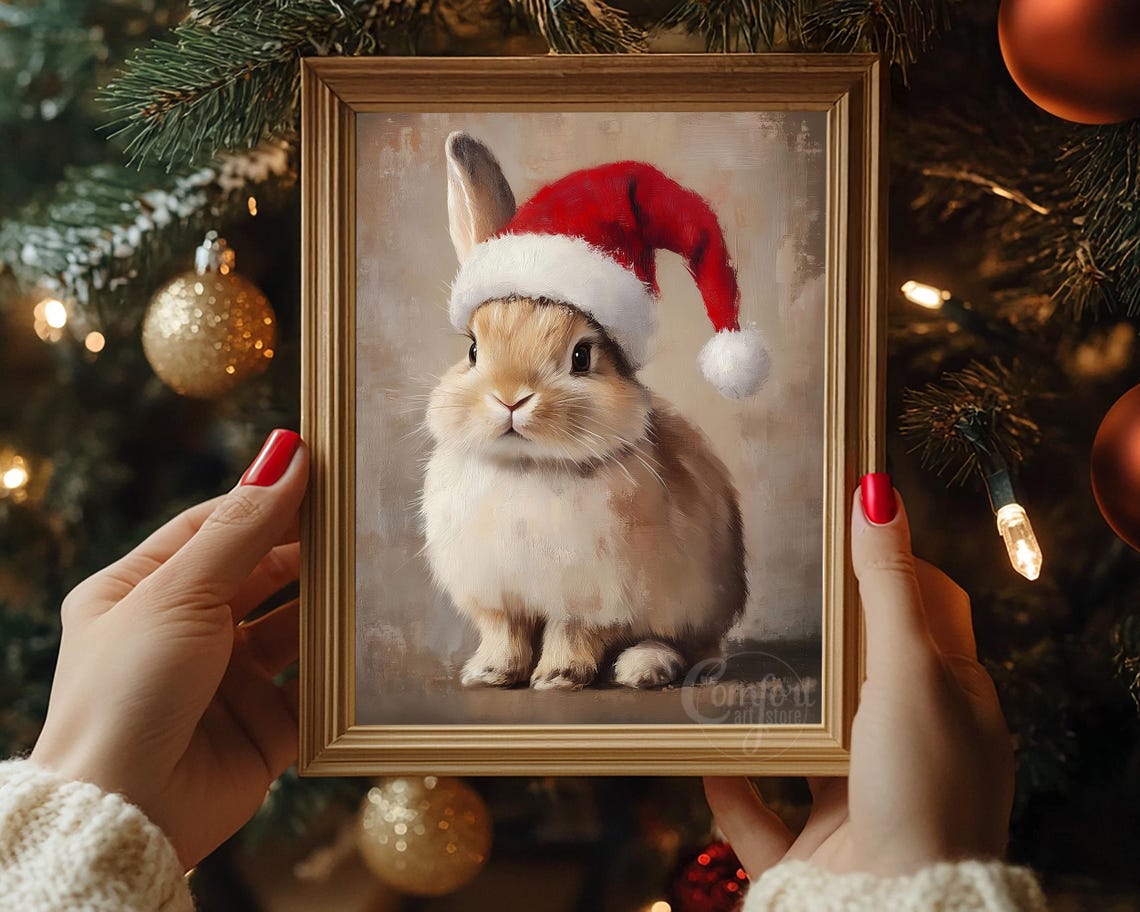 Adorable Bunny Wearing Santa Hat Christmas Portrait Art Poster - Image 6