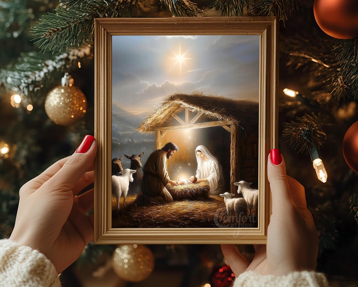 Peaceful Holy Family Nativity in Stable with Animals Star Poster - Image 7
