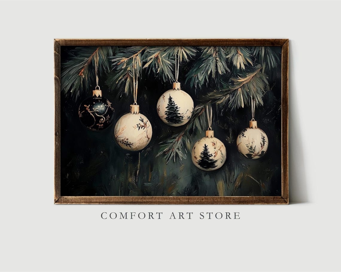 Hand Painted White Christmas Ornaments on Dark Pine Branch Poster - Image 5
