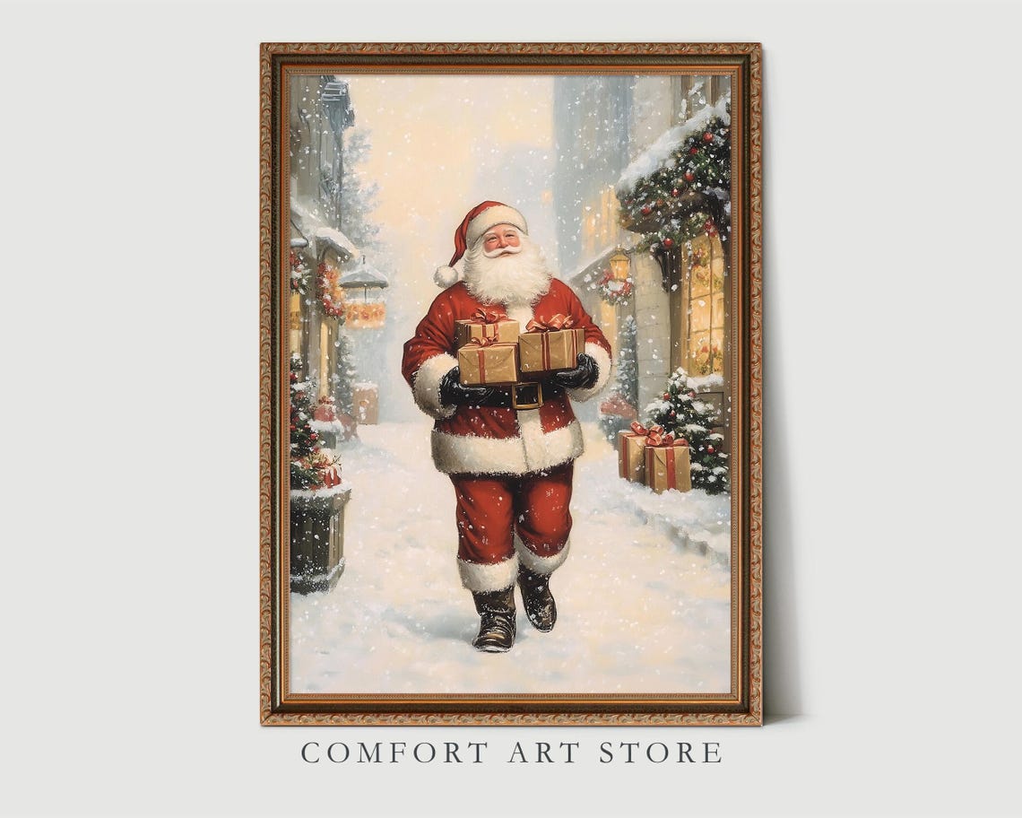 Santa Claus Print Vintage Christmas Wall Art Christmas Snowy Street Print Winter Holiday Decor Antique Christmas Gift Neutral Santa Wall Art - Image 3