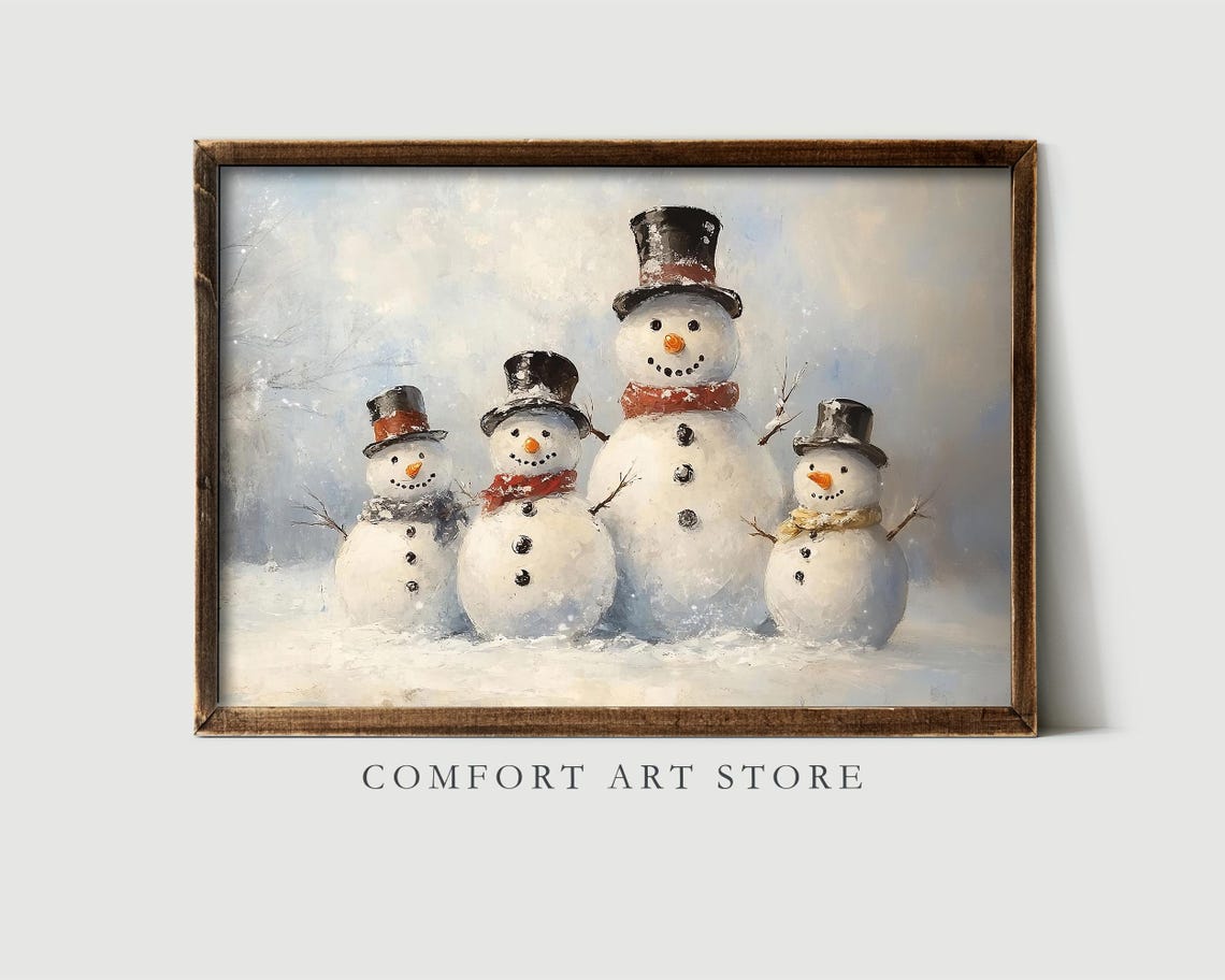 Four Happy Snowmen Wearing Top Hats in Snowy Winter Scene Poster - Image 5