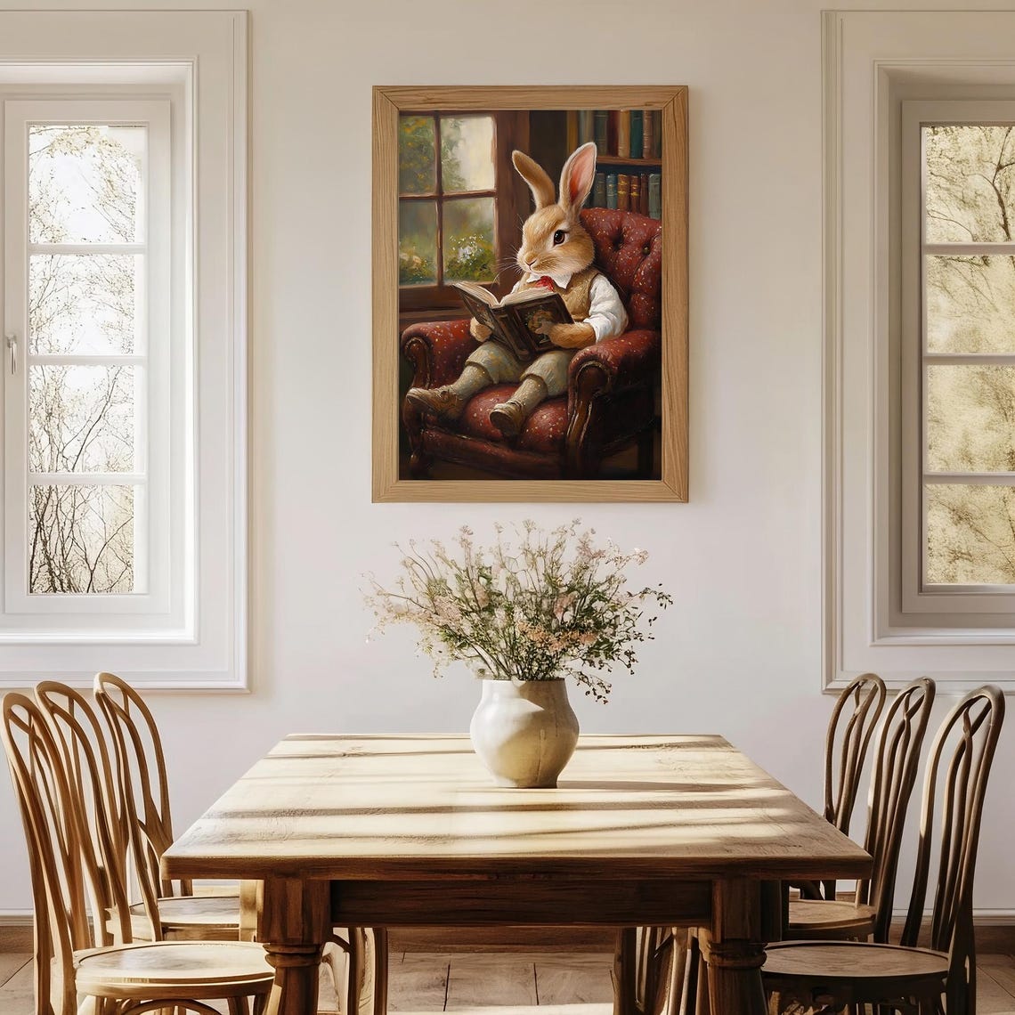Easter Bunny Print Cute Easter Bunny Reading Book Easter Rabbit Easter Vintage Spring Cottagecore Nursery Decor Farmhouse Wall Art