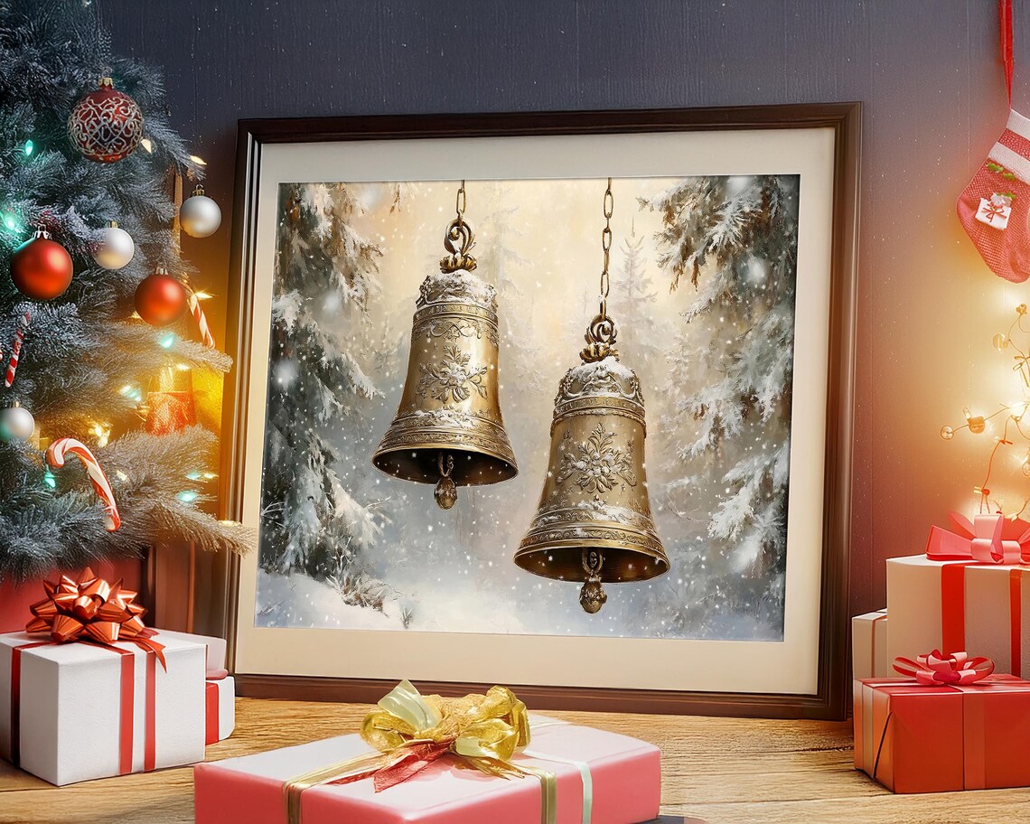 Engraved Brass Christmas Bells in a Snowy Forest Winter Poster - Image 3