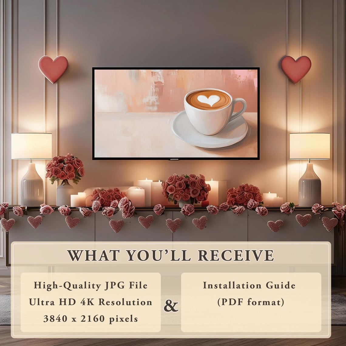 Valentines Latte Art Heart Coffee Cup Painting Cozy Frame TV Wall Art - Image 4