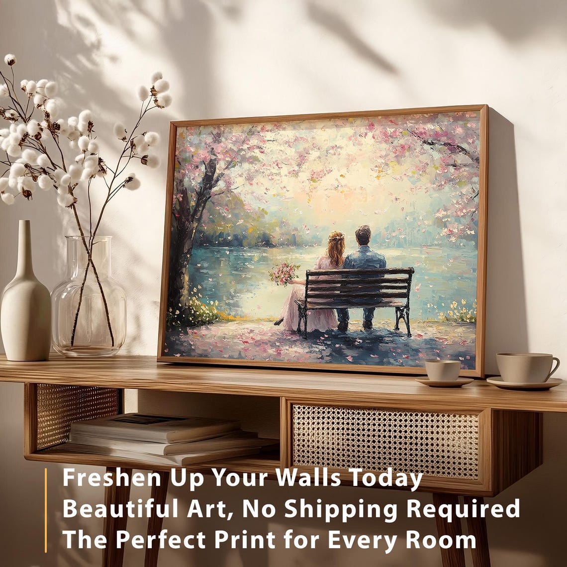 Romantic Couple Bench Cherry Blossom Lake Valentines Day Art Poster - Image 2