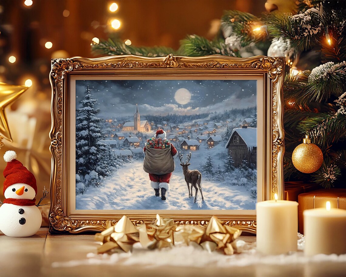 Christmas Wall Art Santa Claus Reindeer Print Dark Academia Winter Village Scene Snowy Holiday Decor Vintage Christmas Painting - Image 7