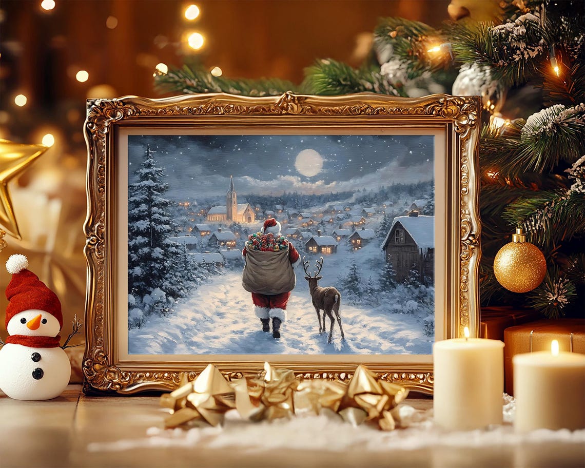 Santa Claus Moonlit Village Walk with Reindeer Christmas Poster - Image 7