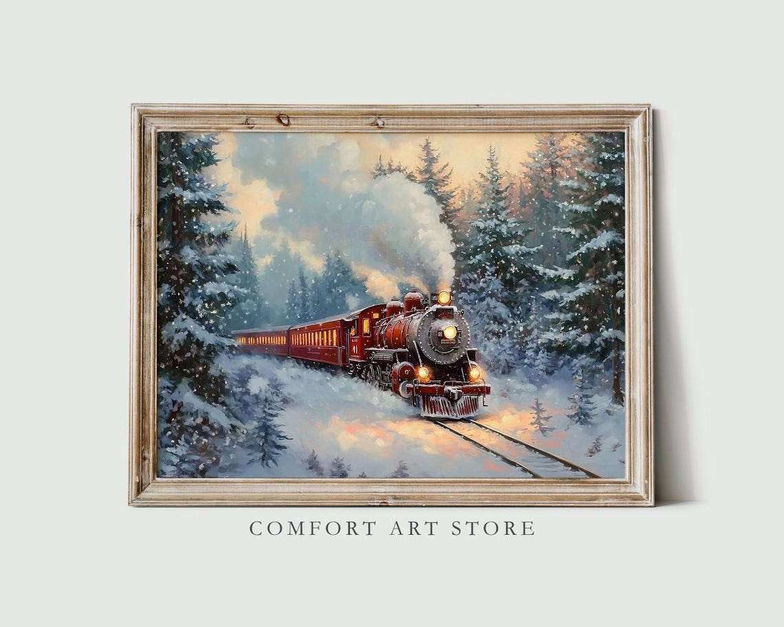 Red Steam Train Chugging Through Snowy Winter Evergreens Wall Art
