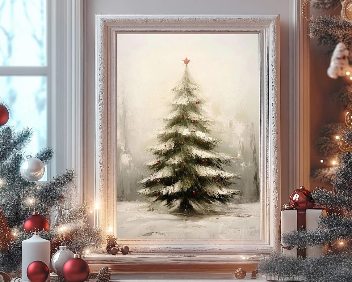 Snow Covered Christmas Tree with Red Berries in Winter Mist Poster - Image 8