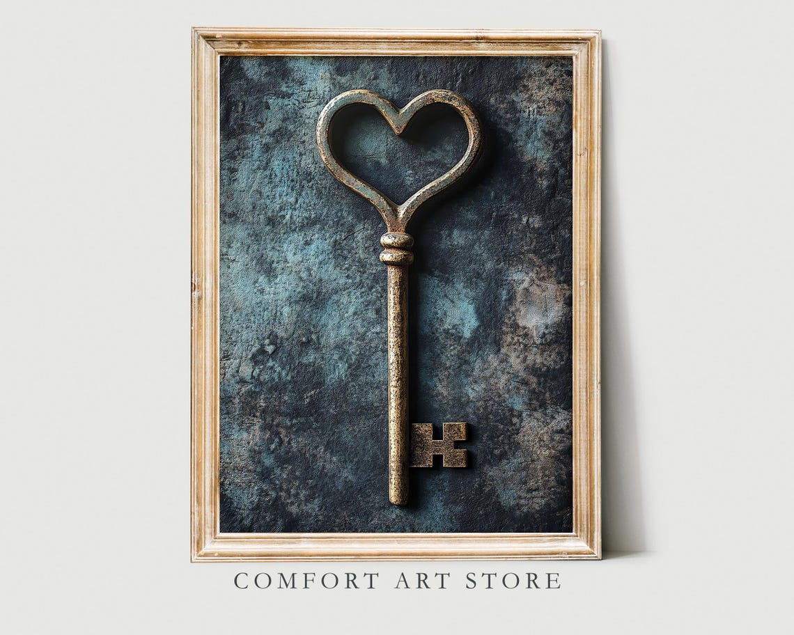 Brass Heart Key Skeleton Key Moody Dark Teal Romance Wall Art - Image 6