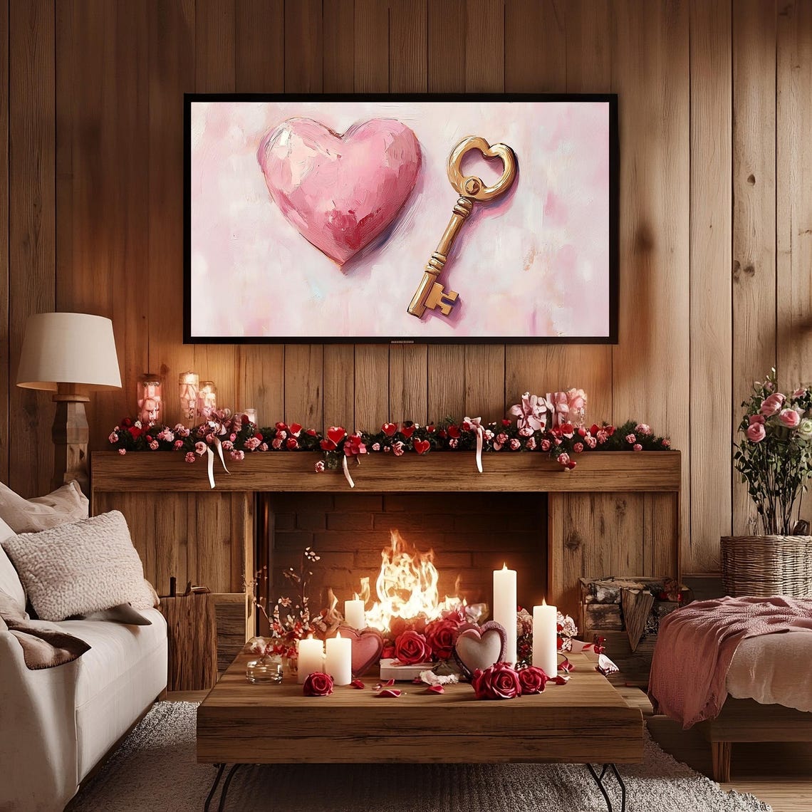 Pink Heart Antique Gold Key Oil Painting Romantic Decor Poster - Image 2